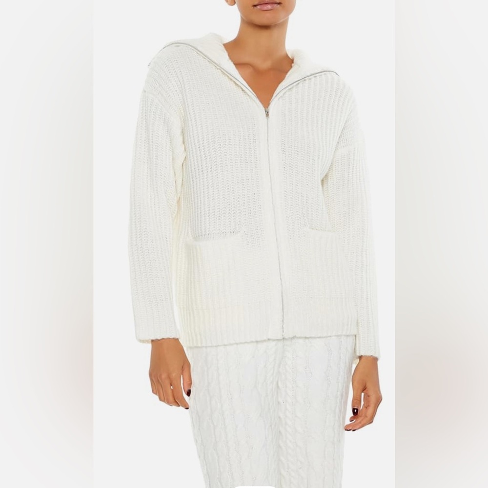 Forever 21 Ribbed Knit Zip Up Sweater- Ivory